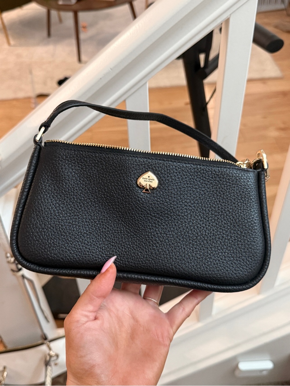 kate spade Black Pebbled Leather Mini Shoulder Pouch with Gold Spade Hardware